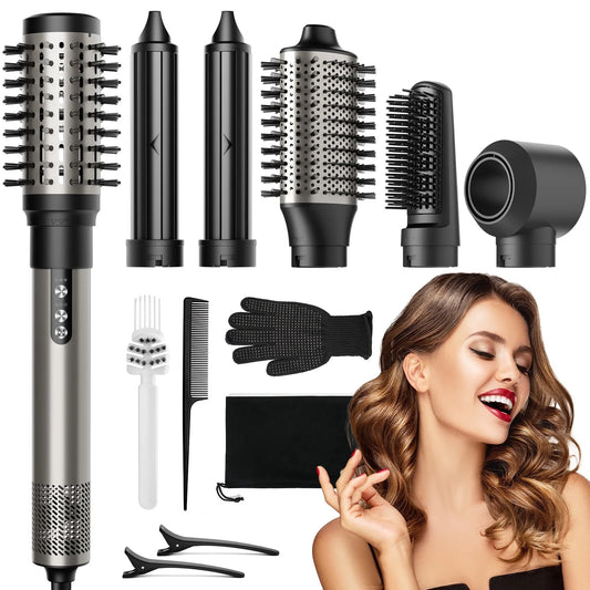 6 in 1 Hair Styler, Hair Dryer Brush with 110,000 RPM, Ionic Hot Air Brush Set, Blow Dryer Brush, High-Speed Hair Dryer Volumizing and Shape, Silver