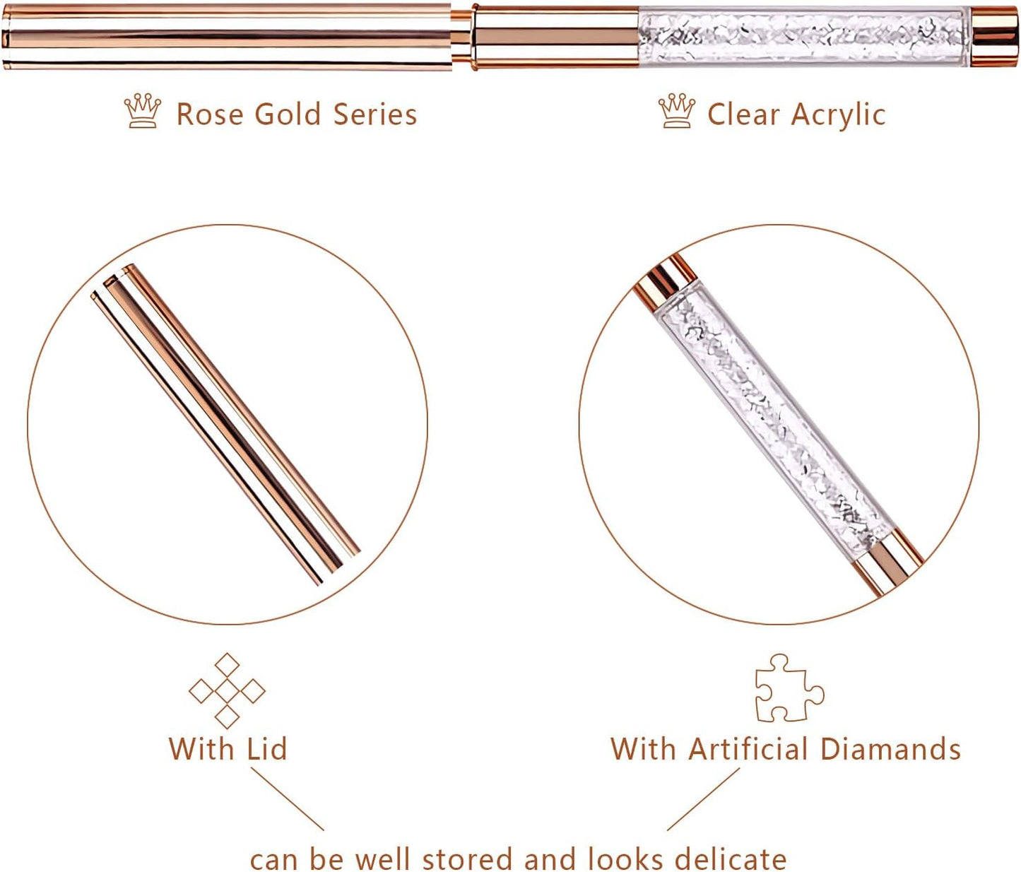 5PCS Nail Art Liner Brushes Long Set with Lid and Diamand Handle 7/9/11/15/20Mm,  Fine Detail Painting Cap Pens Kit Thin Acrylic Line Brush Tools for DIY Professional Design Rose Gold