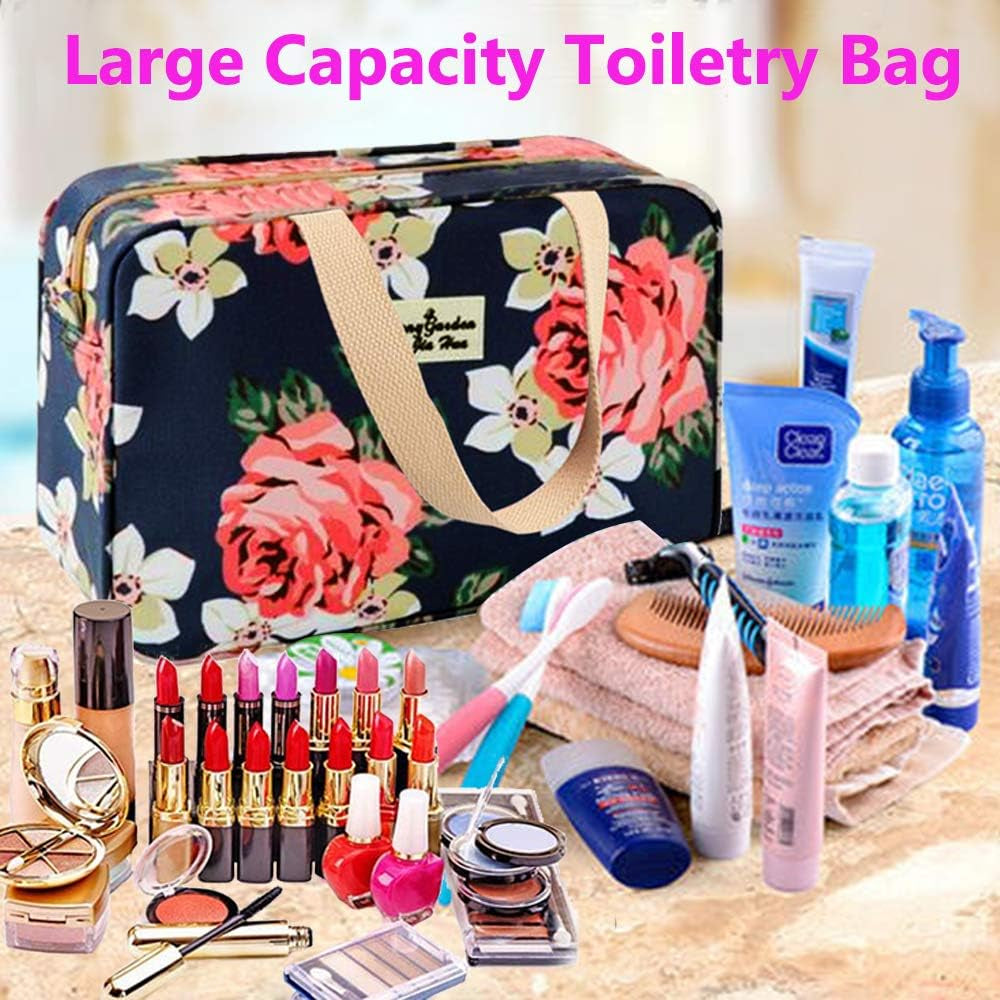 Toiletry Bag for Women Portable Cosmetic Bag Large Toiletries Organizer Storage Bag Navy Rose Toiletry Kit Leakproof Travel Make up Bag for Girls Floral Cosmetic Case (Navy Rose)