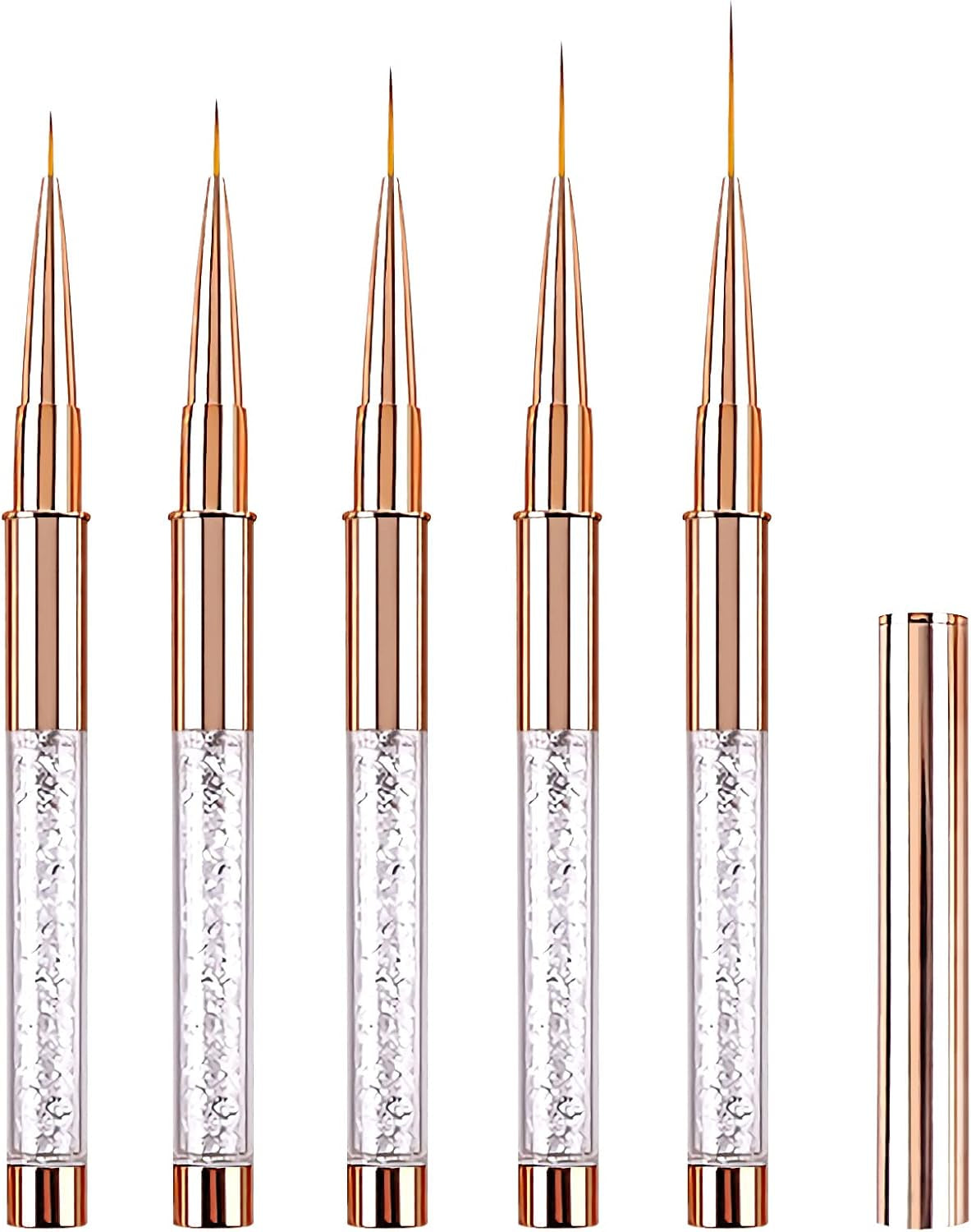 5PCS Nail Art Liner Brushes Long Set with Lid and Diamand Handle 7/9/11/15/20Mm,  Fine Detail Painting Cap Pens Kit Thin Acrylic Line Brush Tools for DIY Professional Design Rose Gold