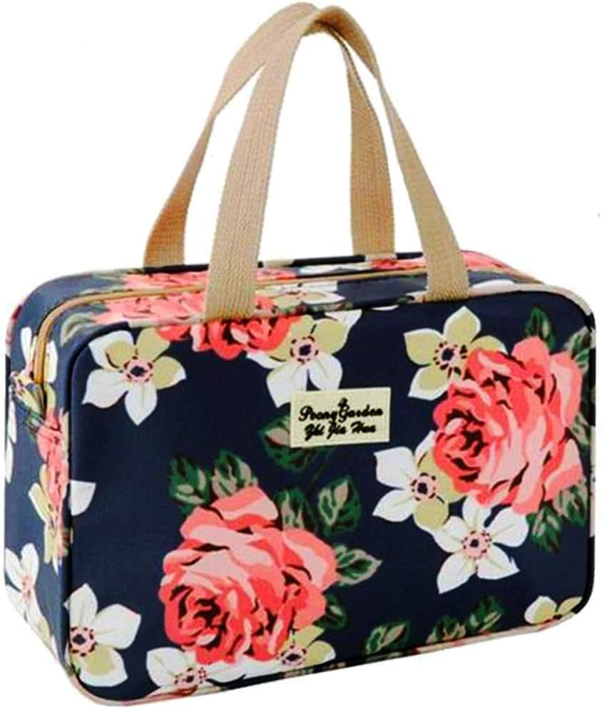 Toiletry Bag for Women Portable Cosmetic Bag Large Toiletries Organizer Storage Bag Navy Rose Toiletry Kit Leakproof Travel Make up Bag for Girls Floral Cosmetic Case (Navy Rose)