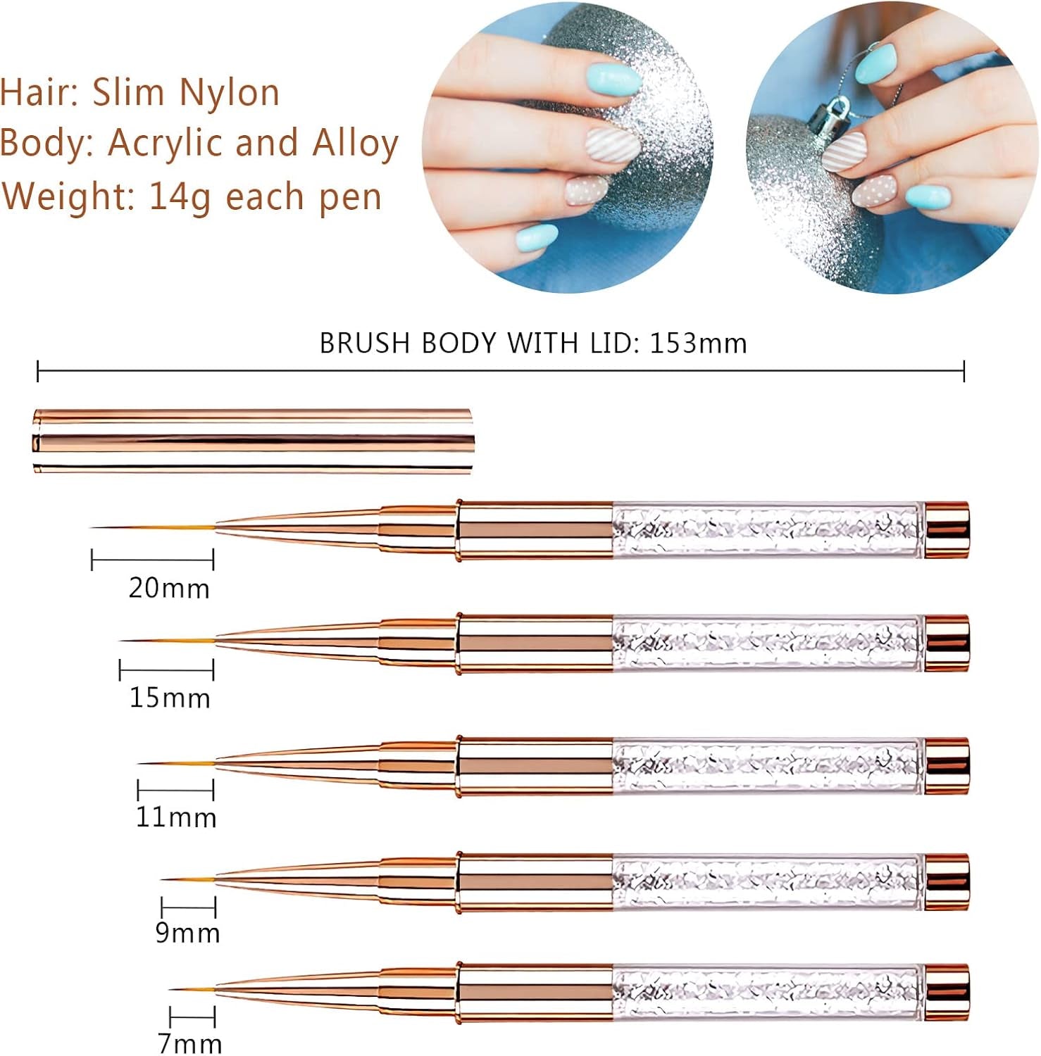 5PCS Nail Art Liner Brushes Long Set with Lid and Diamand Handle 7/9/11/15/20Mm,  Fine Detail Painting Cap Pens Kit Thin Acrylic Line Brush Tools for DIY Professional Design Rose Gold