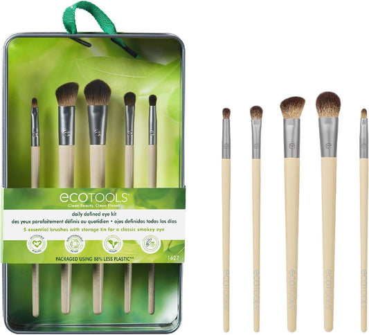 Daily Defined Eye Brush Kit + Storage Tray, Eco-Friendly Makeup Brushes for Liquid, Powder, & Cream Eyeshadow & Eyeliner Application, Synthetic Hair, Vegan and Cruelty Free, 5 Piece Set